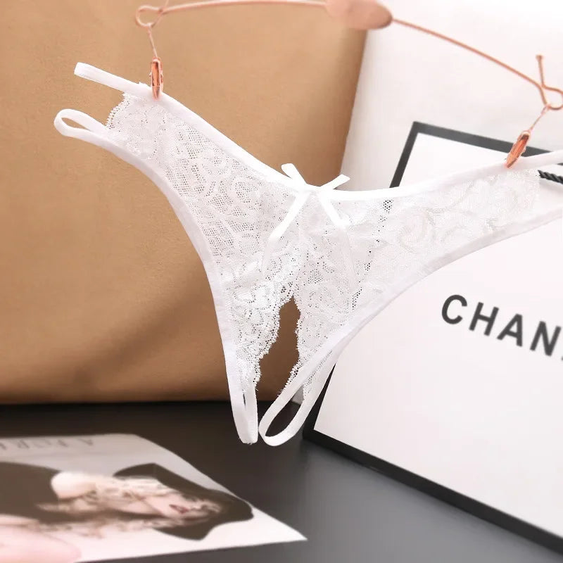 Lencería sexy para mujer, bragas transparentes con abertura en la entrepierna, tangas con lazo, ropa interior de encaje para mujer