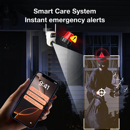 Cámara de seguridad exterior Tuya WiFi PTZ de 10 MP con doble lente, pantalla dual 4K, seguimiento automático y monitoreo de videovigilancia.