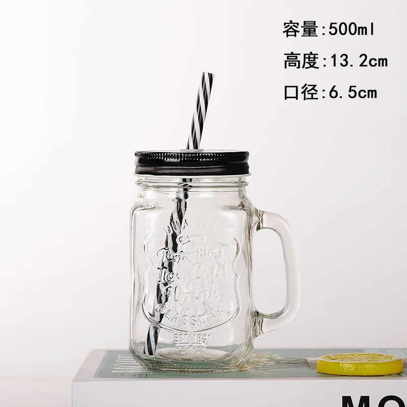 Jarra de vidrio de 480 ml, 500 ml y 16 oz con tapa de hierro y pajita de plástico, cuadrada, con degradado de color.