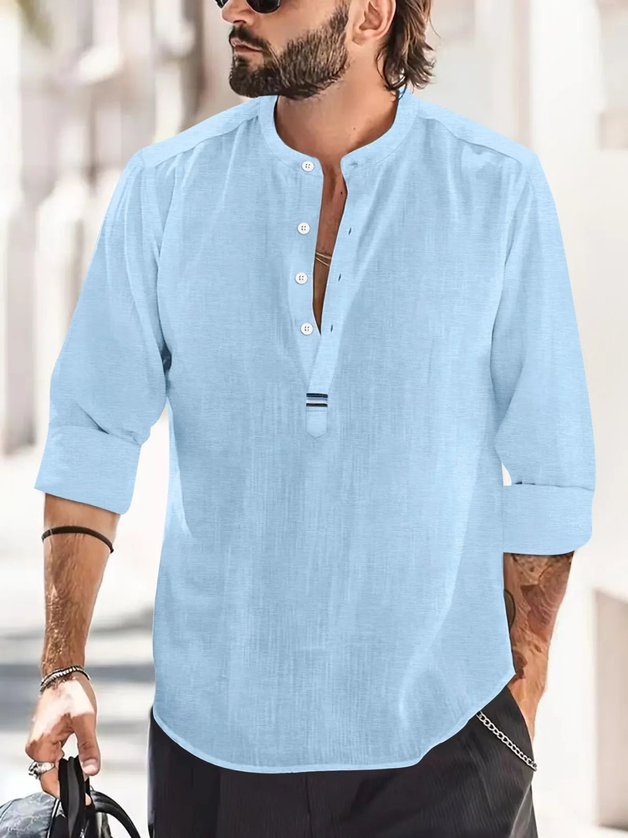 Camisas nuevas de algodón y lino para hombre, camisas casuales, de color liso, ligeras, de manga larga, estilo Henley, playeras, camisetas hawaianas para hombre.