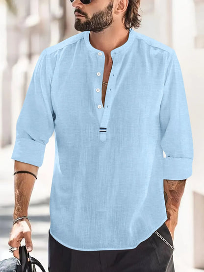 Camisas nuevas de algodón y lino para hombre, camisas casuales, de color liso, ligeras, de manga larga, estilo Henley, playeras, camisetas hawaianas para hombre.