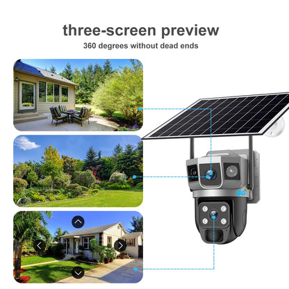 Cámara solar de 12 MP, tarjeta SIM 4G, doble lente, tres cámaras con pantalla, seguimiento humano PIR, batería de bajo consumo, protección de seguridad CCTV V380