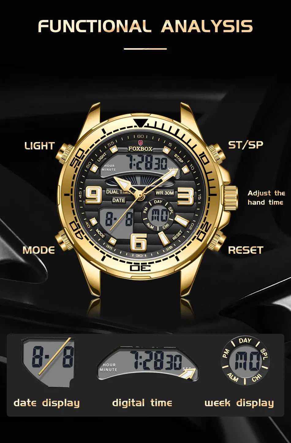 Relojes digitales Foxbox para hombre, reloj de pulsera deportivo de cuarzo de lujo superior, reloj de pulsera de acero militar resistente al agua, reloj de pulsera de cuarzo, reloj para hombre