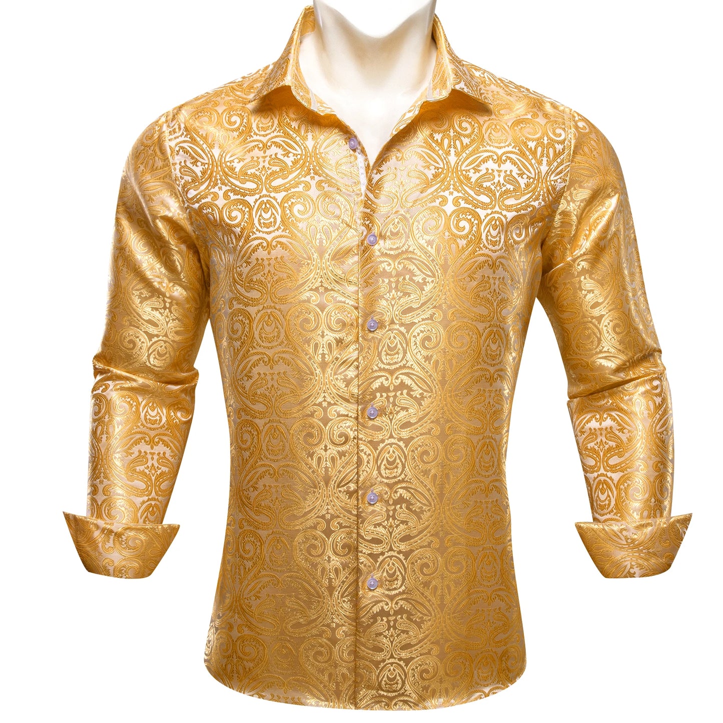 Camisas de seda de diseño para hombre en azul, dorado, verde, rojo, blanco y negro. Estampado cachemir bordado. Corte ajustado. Blusas casuales de manga larga.