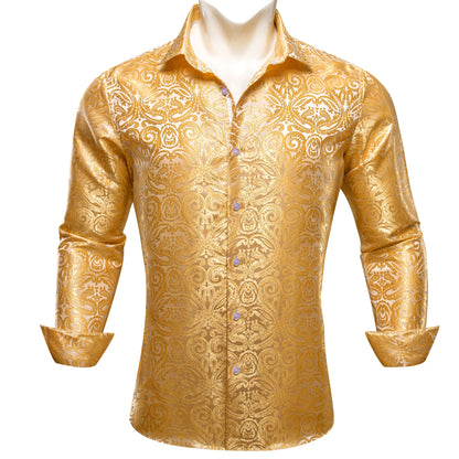 Camisas de seda de diseño para hombre en azul, dorado, verde, rojo, blanco y negro. Estampado cachemir bordado. Corte ajustado. Blusas casuales de manga larga.