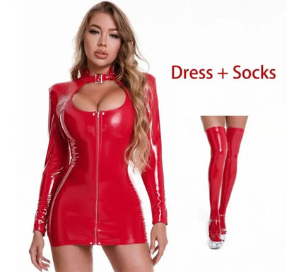 Women Sexy PVC Leather Dress with Stockings Gloves Shiny Latex Bag Hip Skirt Breast Exposing Porno Mini Dress