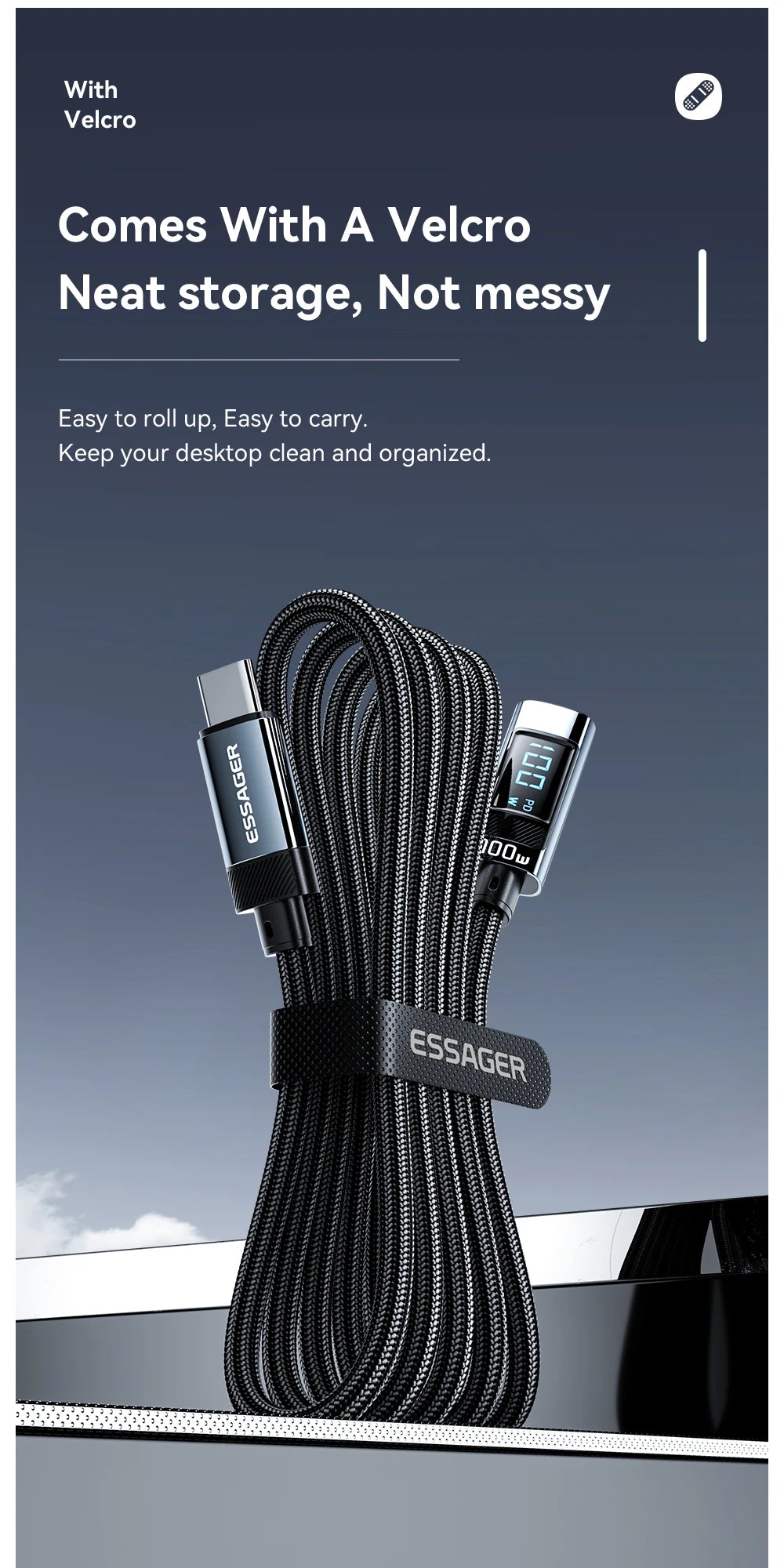 Cable USB C a tipo C Essager PD100W, cable de carga rápida con codo de 90 grados y pantalla para iPhone 15, Huawei, Samsung y MacBook Pro.