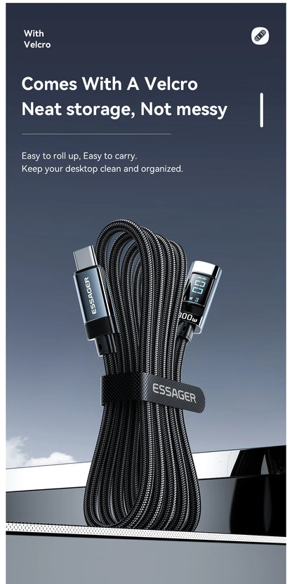 Cable USB C a tipo C Essager PD100W, cable de carga rápida con codo de 90 grados y pantalla para iPhone 15, Huawei, Samsung y MacBook Pro.