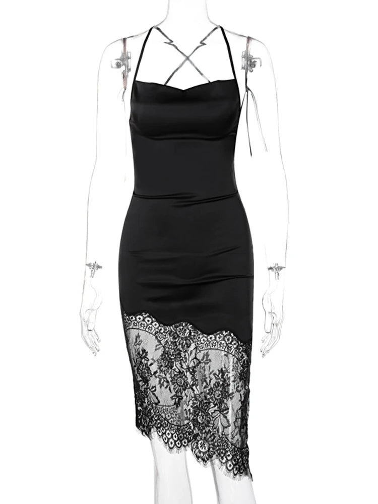 Vestido corto de satén con patchwork de encaje Dulzura para mujer, ajustado, sexy, con espalda descubierta y cordones, ideal para fiestas, cumpleaños y noches elegantes.