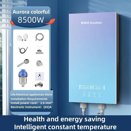 Calentador de agua eléctrico de calentamiento instantáneo para hogares pequeños. Calentamiento rápido, 8500 W. Temperatura constante inteligente. Sin depósito de agua.