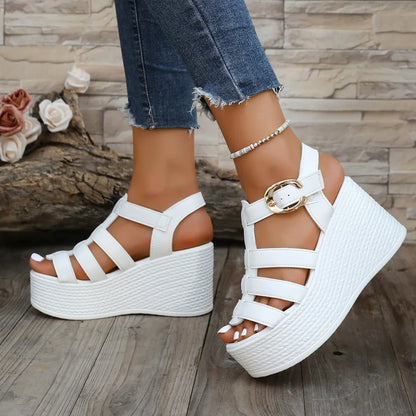 Sandalias de tacón grueso estilo romano de moda, zapatos de mujer, zapatillas de plataforma de tacón alto de verano, sandalias de suela plana con hebilla elegante