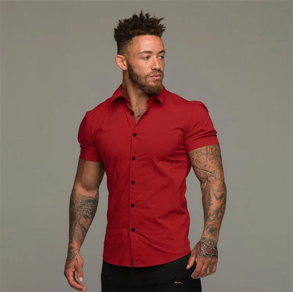 Camisas de vestir ajustadas para hombre, estilo casual de verano, con cuello vuelto, manga corta y botones LXDZ-110