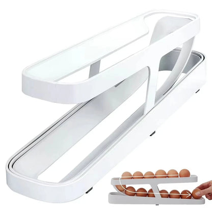 Caja de almacenamiento de huevos para refrigerador de dos capas, soporte automático para huevos con ruedas, estante estilo escalera, dispensador de huevos para refrigerador, organizador de huevos