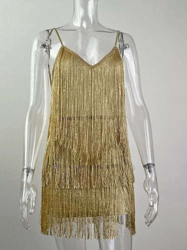 Leosoxs - Vestido mini ajustado con flecos, escote en V profundo, tirantes finos, borlas y espalda descubierta para mujer, estilo Gatsby, para cóctel o fiesta