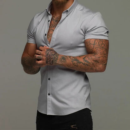 Camisas de vestir ajustadas para hombre, estilo casual de verano, con cuello vuelto, manga corta y botones LXDZ-110
