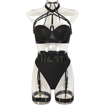 Conjunto de lencería sexy para mujer, con panel de encaje, escote en V profundo, glúteos abiertos, tirantes con forma de corazón de melocotón, cadena cruzada, liguero, ropa interior de tres piezas