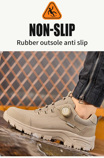 Calzado de seguridad para hombre con diseño de botones, puntera de acero, resistente a la compresión y suela antideslizante para trabajo en exteriores y talleres.