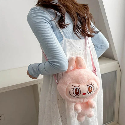 Lindo bolso bandolera de peluche con diseño de elfo de dibujos animados, de poliéster suave, con un solo hombro y cierre de cremallera.
