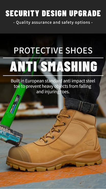 Botas de seguridad de lujo de caña alta en piel de vacuno para hombre, con puntera de acero, protección antiimpactos y antipinchazos, resistentes al desgaste.