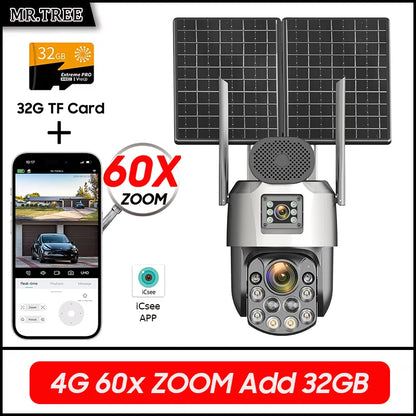 Cámara de vigilancia solar exterior iCsee 4G de 25 W, resolución 4K, zoom óptico 60X, seguimiento automático, batería de 31200 mAh, grabación continua 24/7, cámara IP de seguridad PTZ.