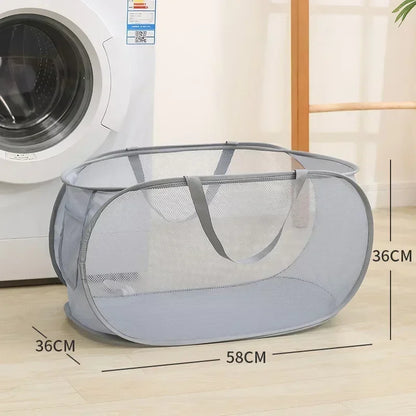 Cesta de lavandería plegable y duradera, cesta de lavandería de malla desplegable con bolsillo lateral, cesta de almacenamiento de ropa plegable con refuerzo