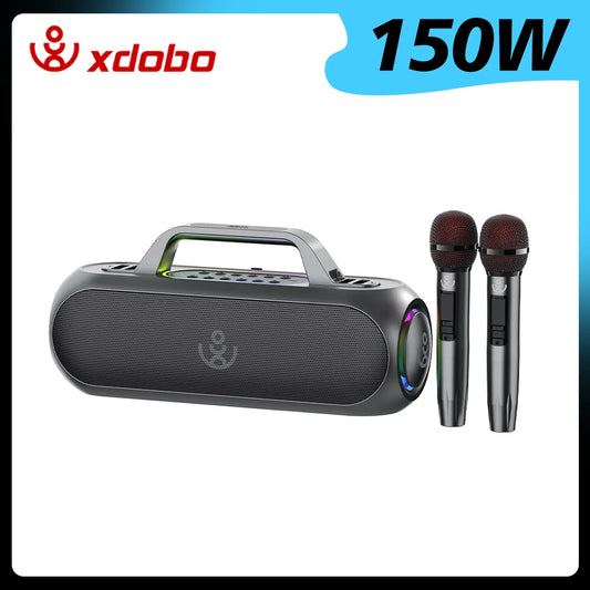 Barra de sonido XDOBO de 150 W, subwoofer TWS, altavoz estéreo inalámbrico de karaoke para TV al aire libre con 2 micrófonos y bolsa de viaje para guardarlo.