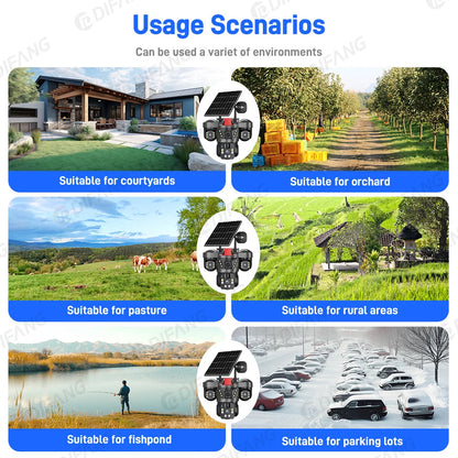 Cámara de vigilancia solar 8K 15MP con tres pantallas, WiFi, seguimiento automático, PTZ, tarjeta SIM 4G, cámara IP solar inalámbrica V380 Pro