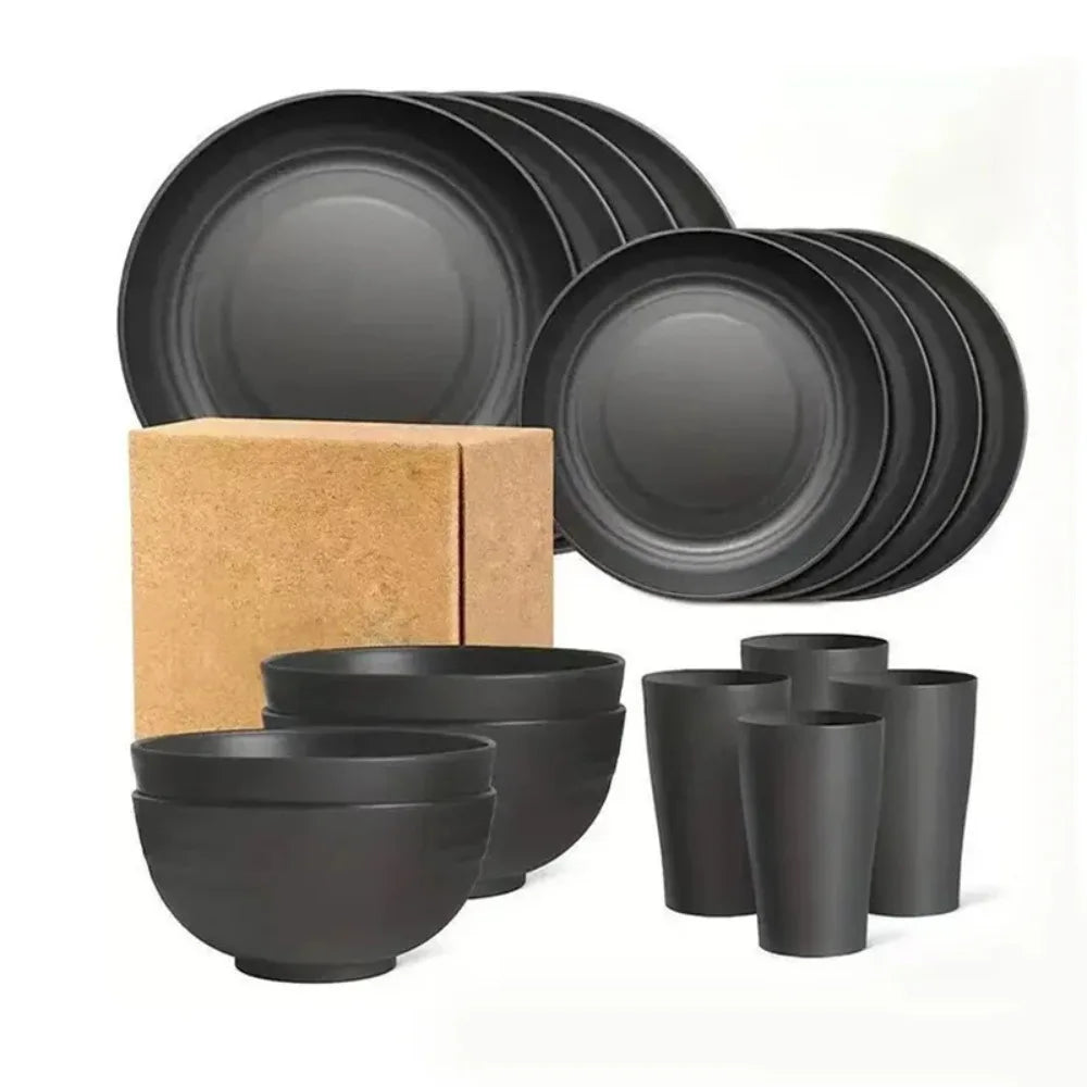 NUEVO Juego de 16 piezas de cuencos, tazas y platos, vajilla negra pura, platos de plástico para la cena y vasos de agua, regalo
