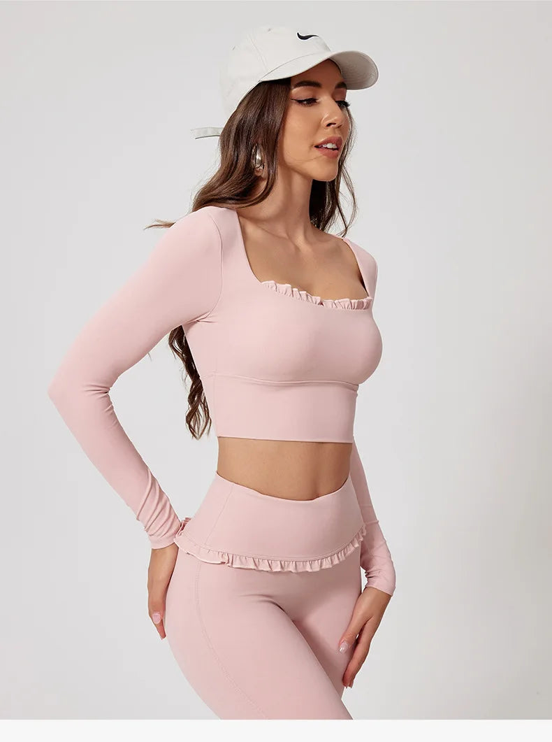 Ctenkevet - Conjunto de 2 piezas de camiseta de manga larga de secado rápido para mujer, para gimnasio, yoga, deportes al aire libre, traje deportivo de dos piezas