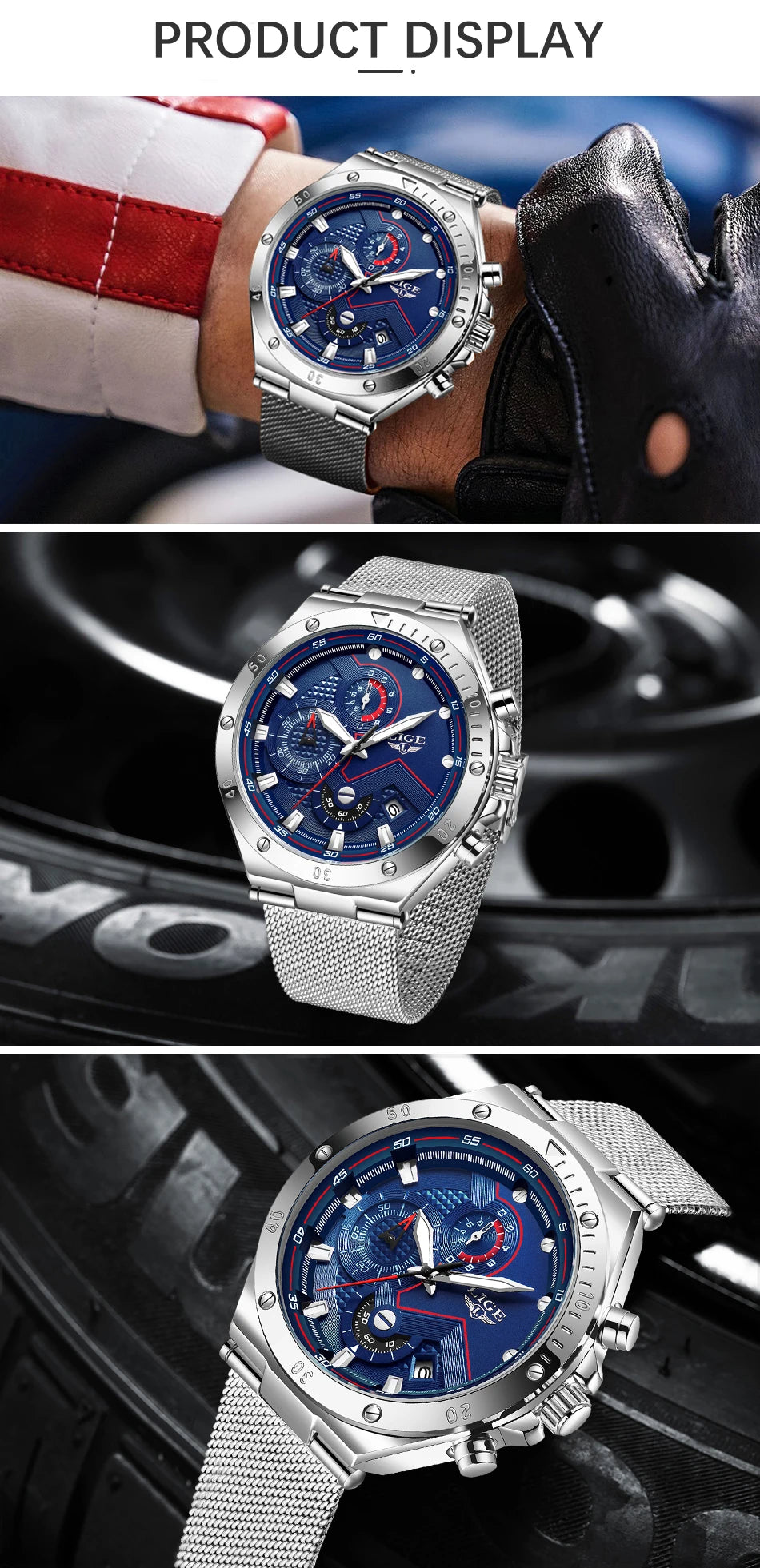 LIGE - Reloj de cuarzo de lujo para hombre, marca superior, moderno, de negocios, con correa de malla, resistente al agua, luminoso, cronógrafo