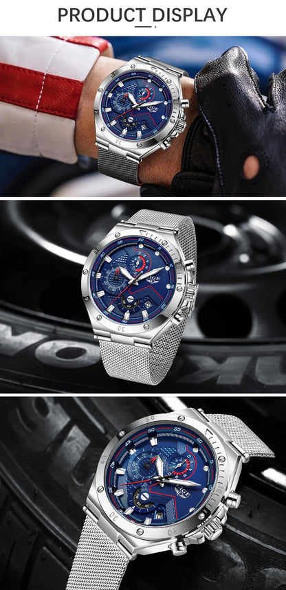 LIGE - Reloj de cuarzo de lujo para hombre, marca superior, moderno, de negocios, con correa de malla, resistente al agua, luminoso, cronógrafo