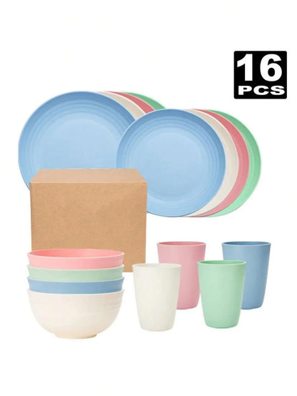 Juego de cubiertos de plástico reutilizables de 4/16/32 piezas, plato de cena/plato de postre/tazón de cereal/taza, para el hogar, fiesta de cumpleaños
