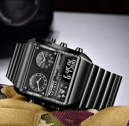 LIGE - Nuevo reloj para hombre, cuadrado, luminoso, deportivo, correa de acero inoxidable, doble pantalla, reloj de pulsera de cuarzo, reloj militar resistente al agua