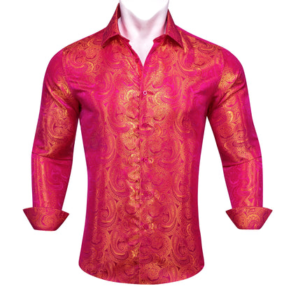 Camisas de seda de diseño para hombre en azul, dorado, verde, rojo, blanco y negro. Estampado cachemir bordado. Corte ajustado. Blusas casuales de manga larga.