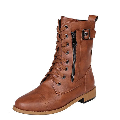 Botines de tacón cuadrado para mujer, botas de trabajo cortas de piel sintética para otoño e invierno, botas elásticas con cordones de talla grande para mujer 2024