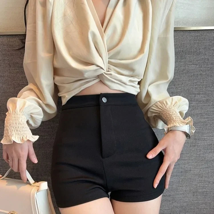 Pantalones cortos negros de cintura alta para mujer, ropa exterior de primavera y verano, nuevo estilo, ajustados, elásticos, que cubren la cadera, sexys, informales y de moda.