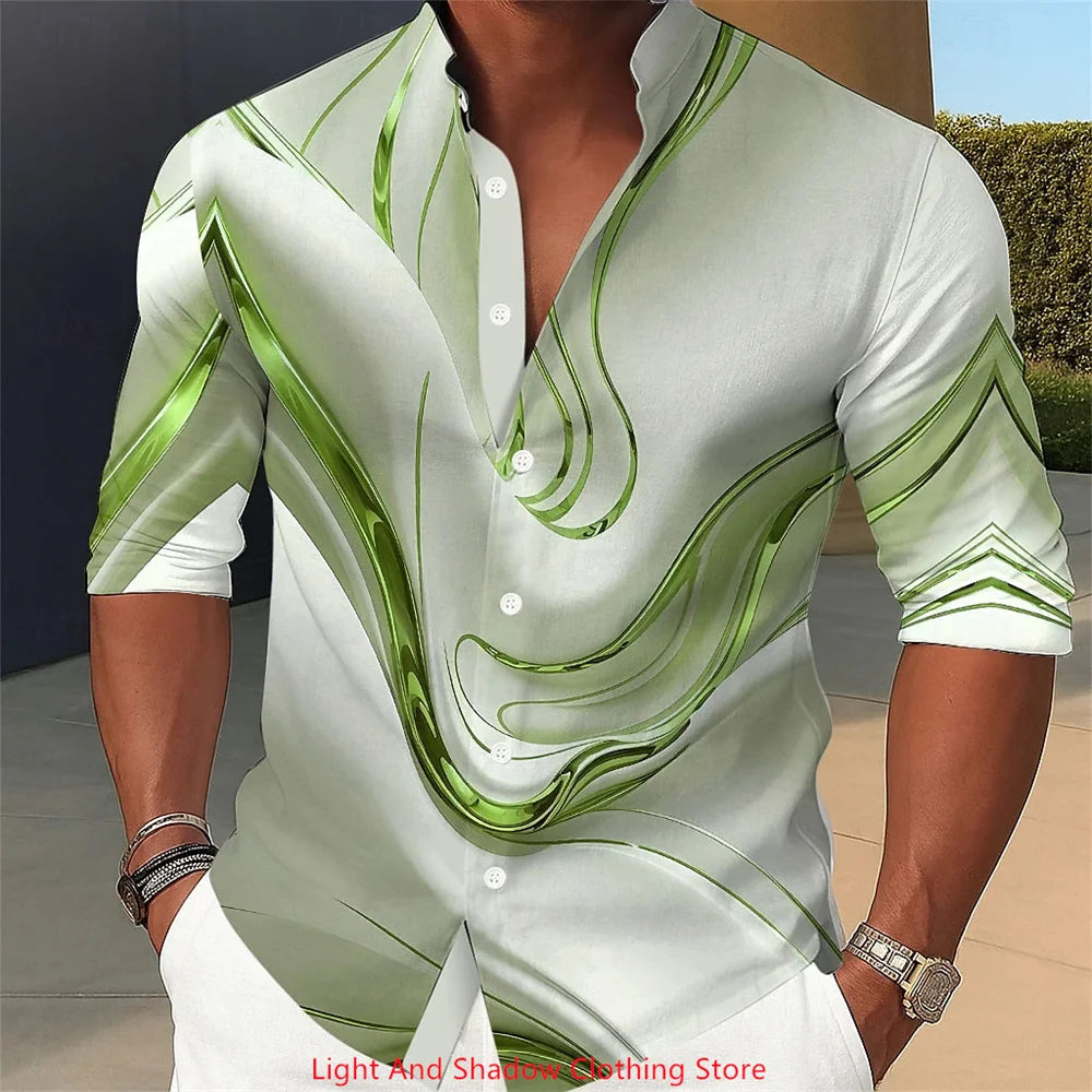 Camisa de hombre con estampado abstracto de mármol y arte líquido. Camisa de cuello alto, manga larga, estilo casual, cómoda para el día a día, vacaciones y fiestas.