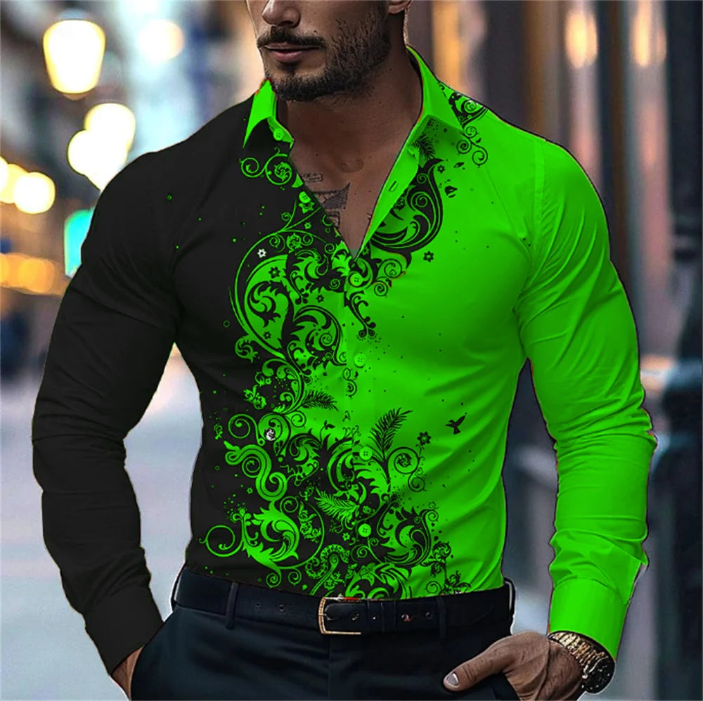 Camisa estampada con degradado para hombre, estilo informal elegante, manga larga con solapa, ideal para fiestas y eventos sociales, 9 colores