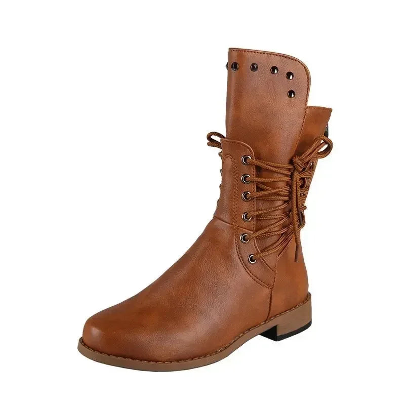 Botas de media caña con remaches para mujer, botines de caballero a la moda, estilo británico, para otoño e invierno, con cordones cruzados, de PU