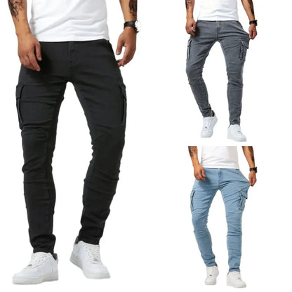 Pantalones vaqueros ajustados elásticos para hombre, pantalones vaqueros lisos de corte ajustado, pantalones cargo con múltiples bolsillos, pantalones casuales de moda para hombre
