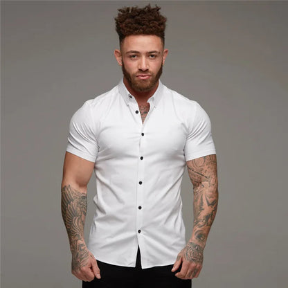 Camisas de vestir ajustadas para hombre, estilo casual de verano, con cuello vuelto, manga corta y botones LXDZ-110