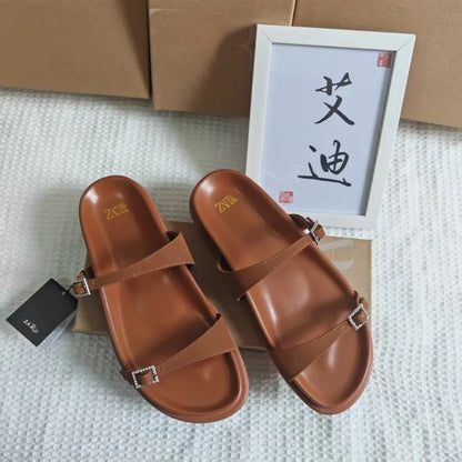 Sandalias planas ZAR para mujer, de satén de seda, con hebilla y diamantes, negras, modernas, sin cordones.