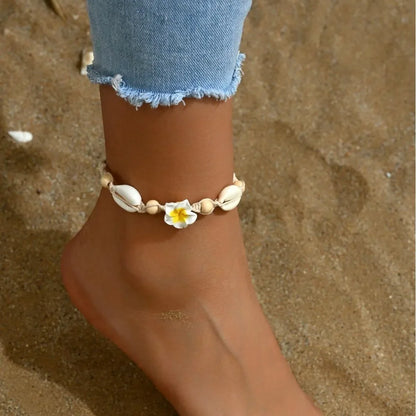 Conjunto de pulsera y collar de conchas multicolores tejidas a mano, joyería de cerámica suave estilo vacaciones en la playa con diseño de flor de huevo bohemia