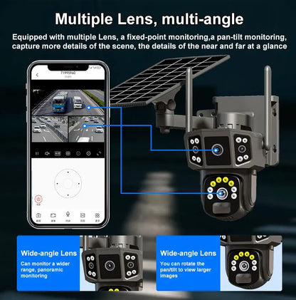 Cámara de seguridad inalámbrica 6K de 12 MP con movimiento horizontal y vertical; cámara IP WiFi para exteriores de 5 MP con SIM 4G, alimentación solar/batería; cámaras de vigilancia PT de 3 MP.