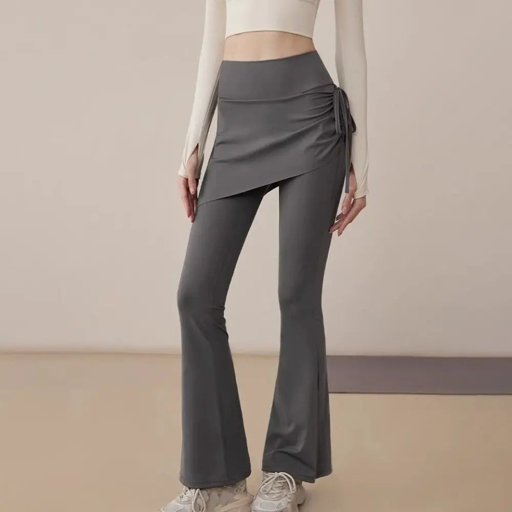 Leggings deportivas 2 en 1 con diseño de falda, dobladillo acampanado, cintura alta y cordón ajustable para yoga, actividades al aire libre y fitness.