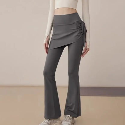 Leggings deportivas 2 en 1 con diseño de falda, dobladillo acampanado, cintura alta y cordón ajustable para yoga, actividades al aire libre y fitness.