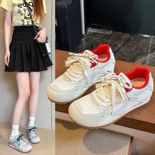 Zapatos vulcanizados para mujer, moda 2025, con cordones, colores a juego, nuevos, de malla redonda, ligeros, cómodos y casuales para caminar.