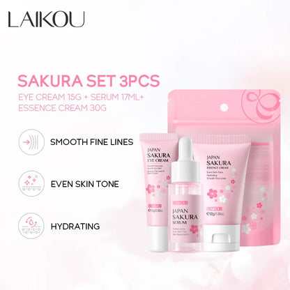 LAIKOU - Set de 3 cremas faciales con vitamina C 24K Golden Sakura para el cuidado de la piel, suero, crema para ojos, hidratante, antiarrugas