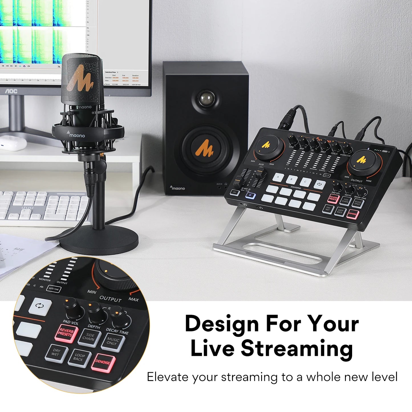 Interfaz de audio Maono AME2, tarjeta de sonido, mezclador de DJ, estudio de podcast portátil todo en uno para grabación, transmisión en vivo, YouTube, guitarra y PC.