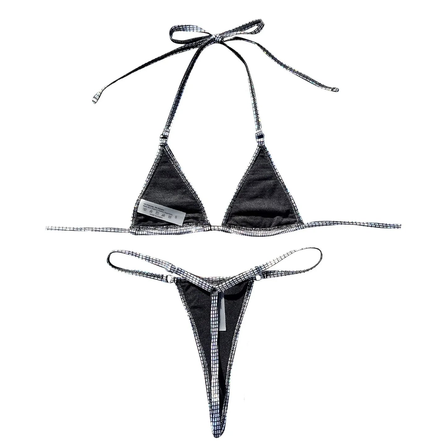 Bikini brasileño triangular plateado brillante con efecto push up para mujer, traje de baño sexy con tangas y cuello halter con cordones.